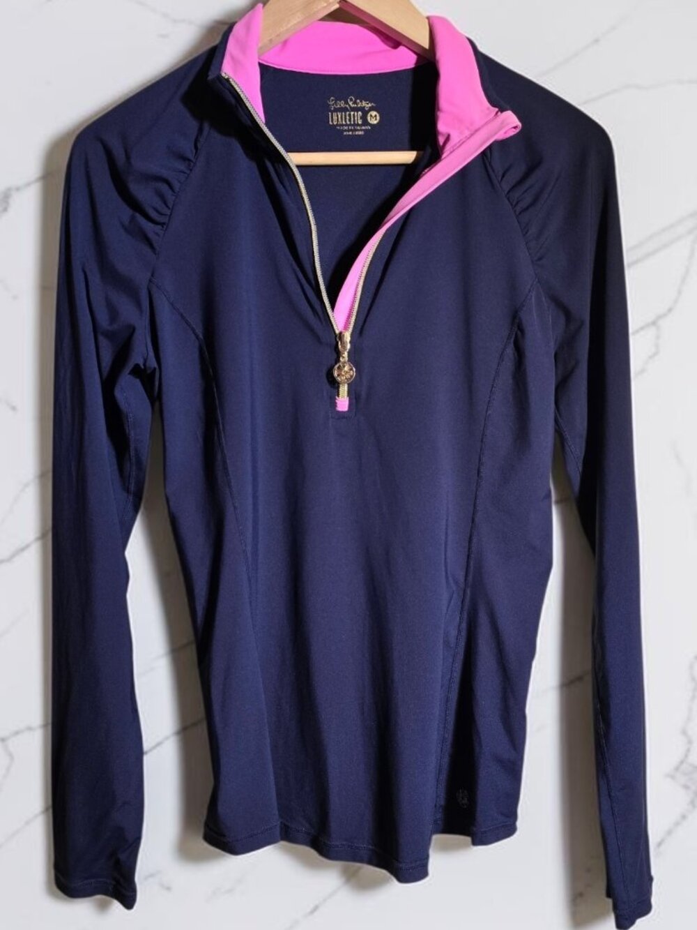 Lilly Pulitzer Luxletic Justine Half-Zip Pullover UPF 50+ Navy Pink Size Med